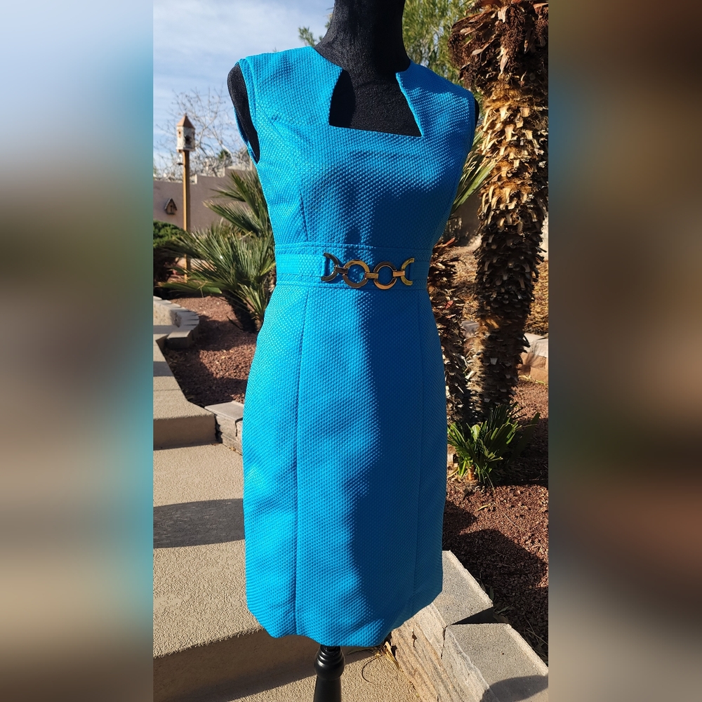 Tahari Aqua Textured Sheath Dress with Decorative Linked Belt - Picture 11 of 15